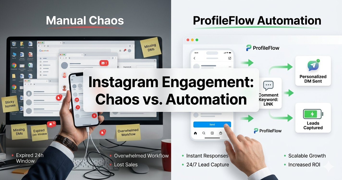 An illustration-style graphic: a creator on the left overwhelmed by notifications, a clean automated flow on the right