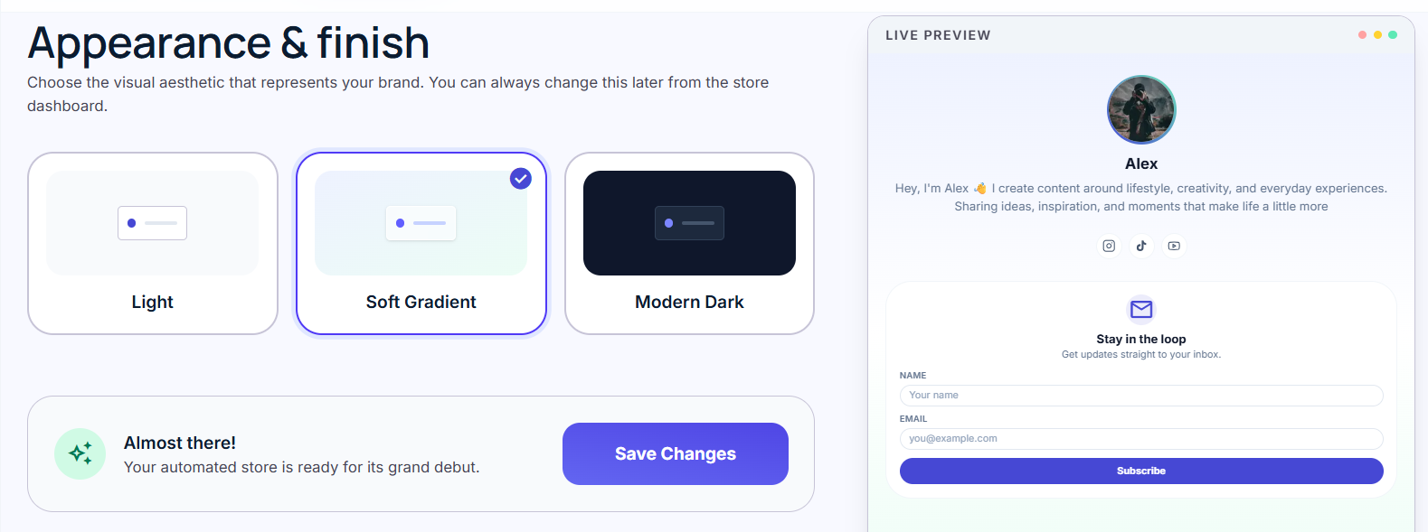 Public storefront showing avatar, bio, social pills, and a grid of product cards