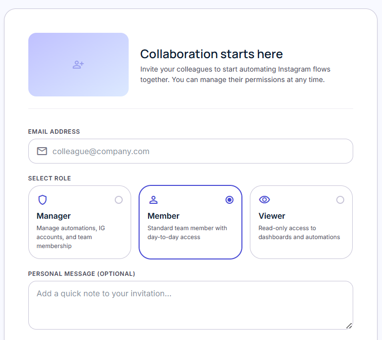 Team settings page showing member rows with roles and a pending invite badge