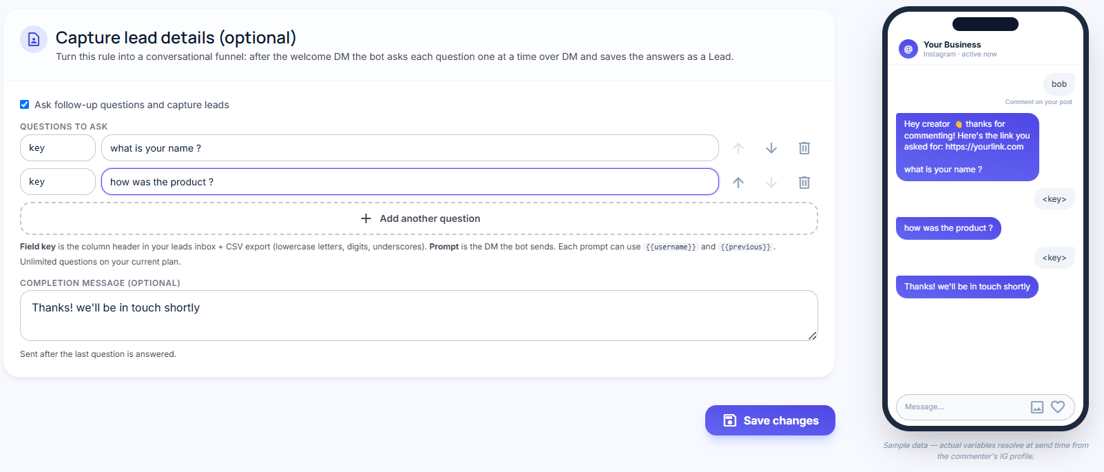 Lead capture questions UI